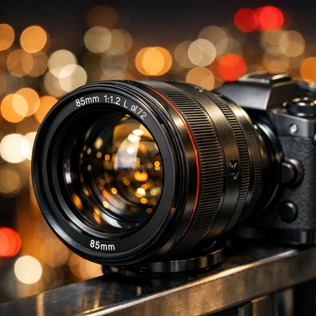 A high-end mirrorless camera with a fast prime lens for low-light evening photography and bokeh.