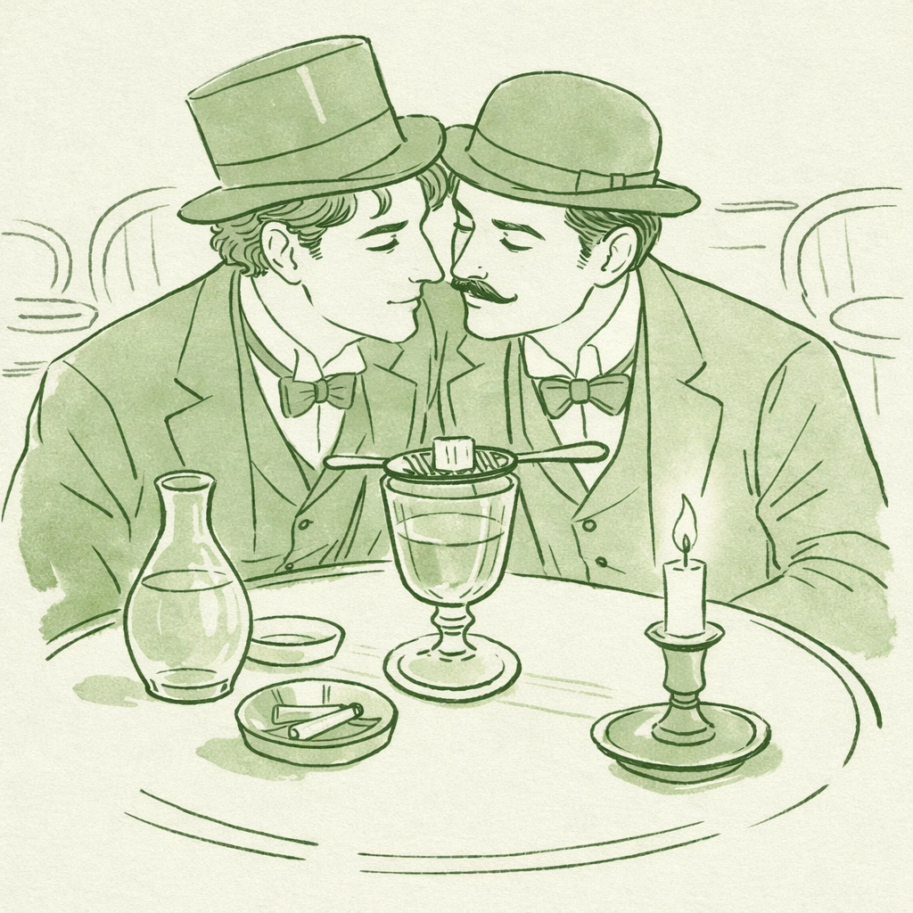 Two men sharing absinthe at Belle Époque Paris café - queer literary history illustration