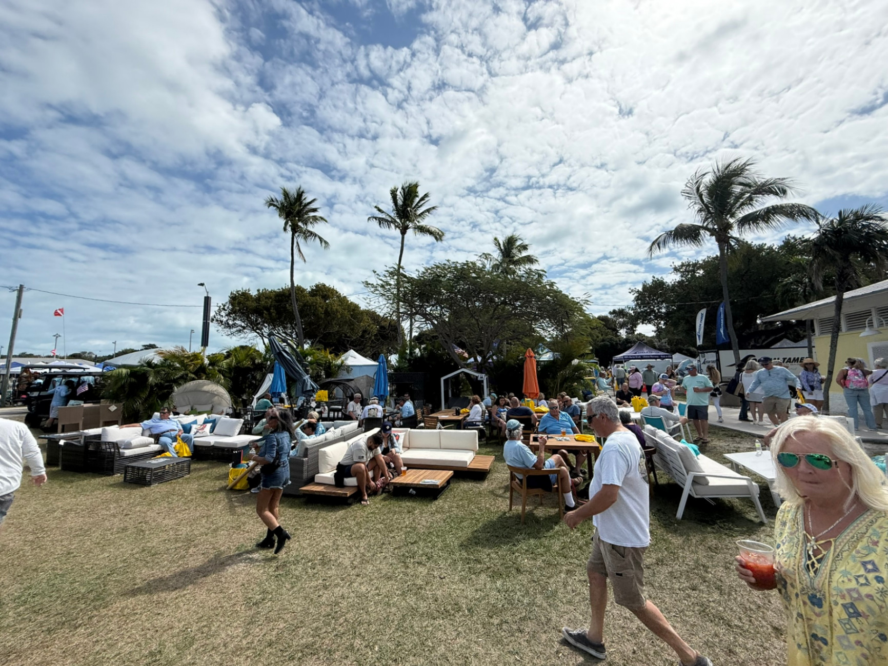 All Weather Patio lounge area at the Gigantic Nautical Market—guests relaxing in a comfy, tropical-style setup made to handle Florida Keys sun and salt