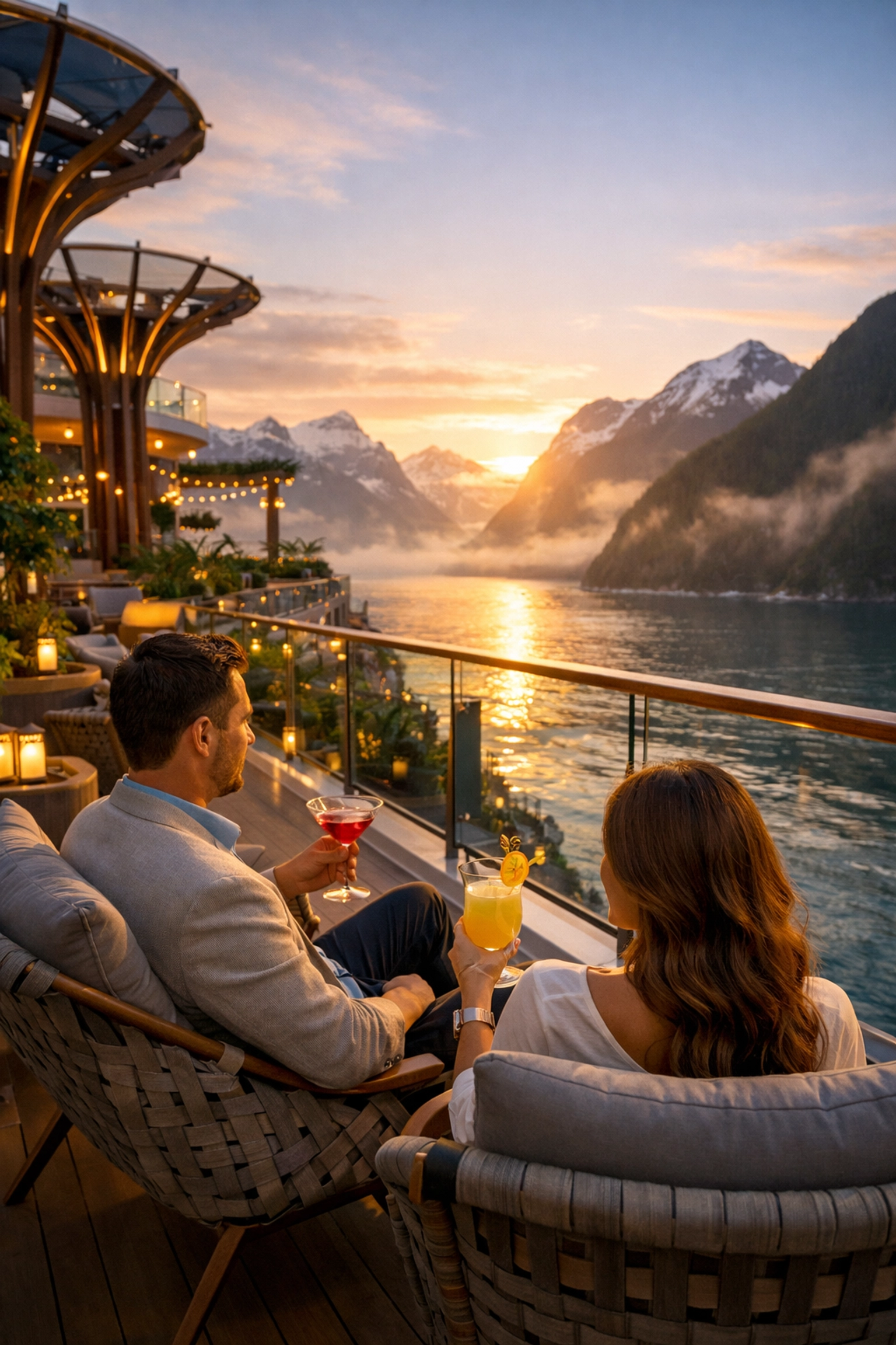 Couple relaxing on the Celebrity Cruises rooftop garden deck at sunset while sailing past Alaskan fjords.