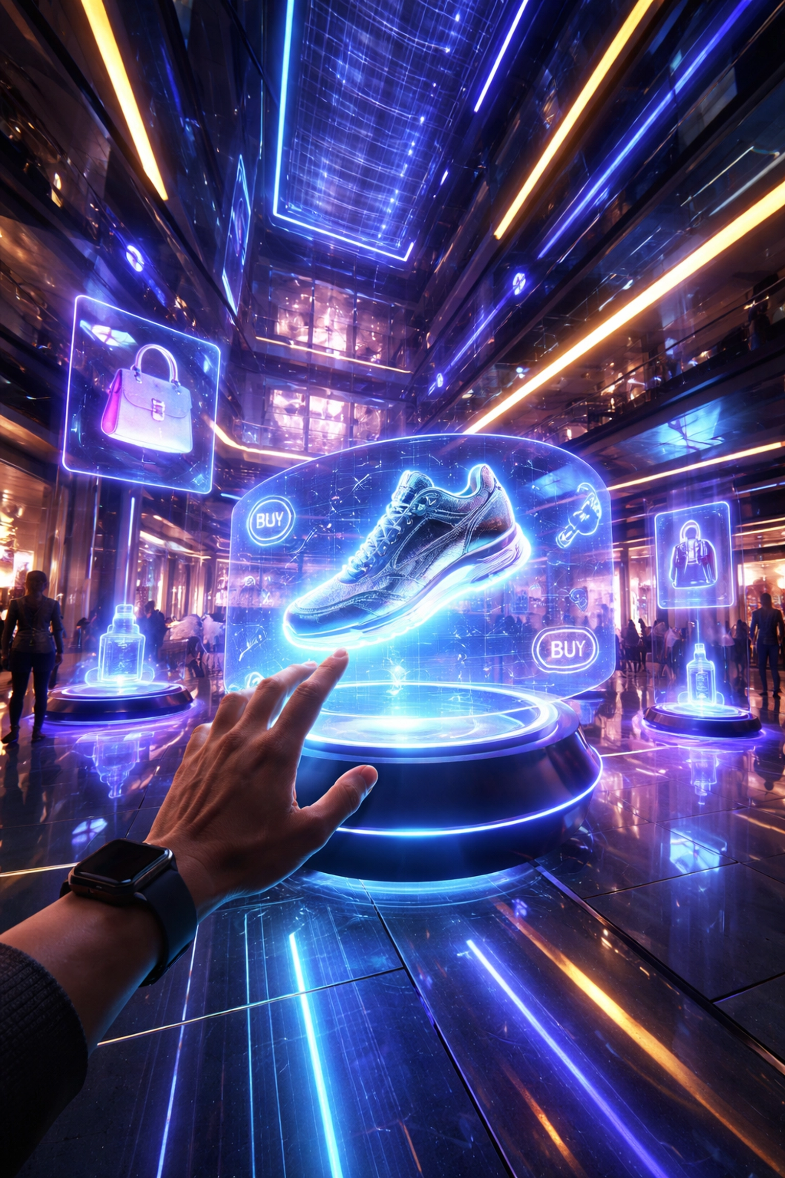 Immersive metaverse shopping scene showcasing VR interactions and holographic products for crypto payments