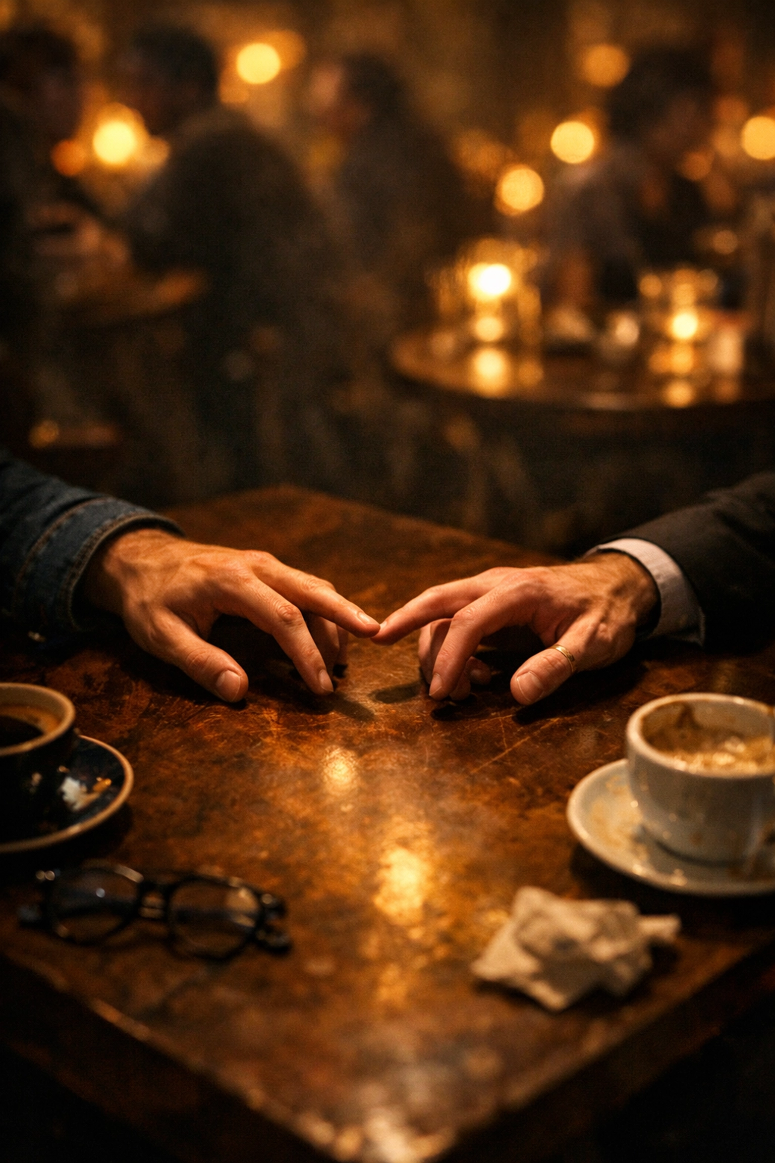 Two men's hands reaching across a café table in secret gay romance moment showing hidden desire and connection