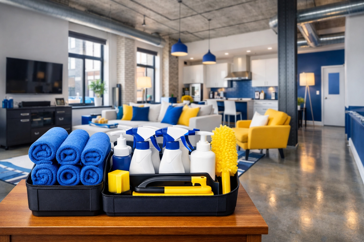 Professional cleaning kit in a modern loft ready for expert apartment cleaning Massachusetts and Worcester residents.