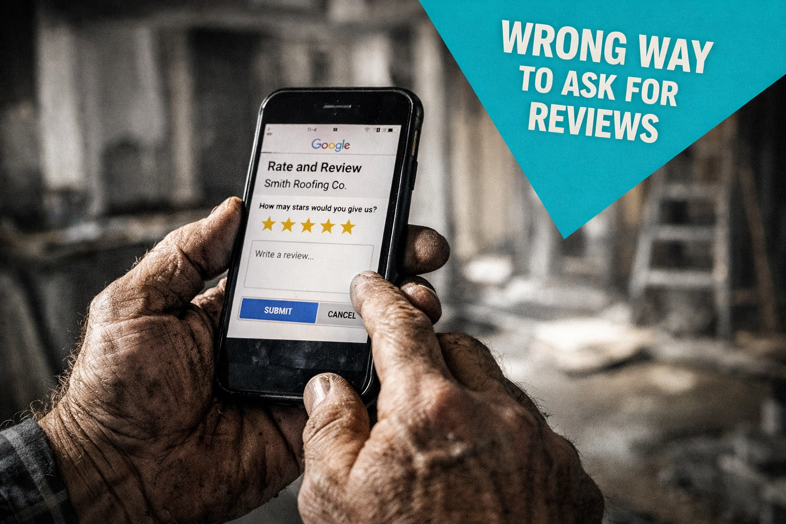 Contractor holding smartphone at job site to collect Google reviews onsite