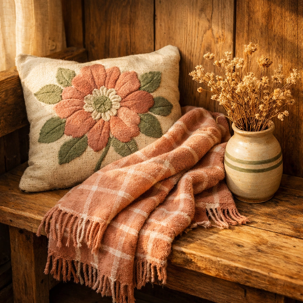 Handcrafted floral pillow and checked throw on a rustic bench showing coordinated pattern mixing for home decor.