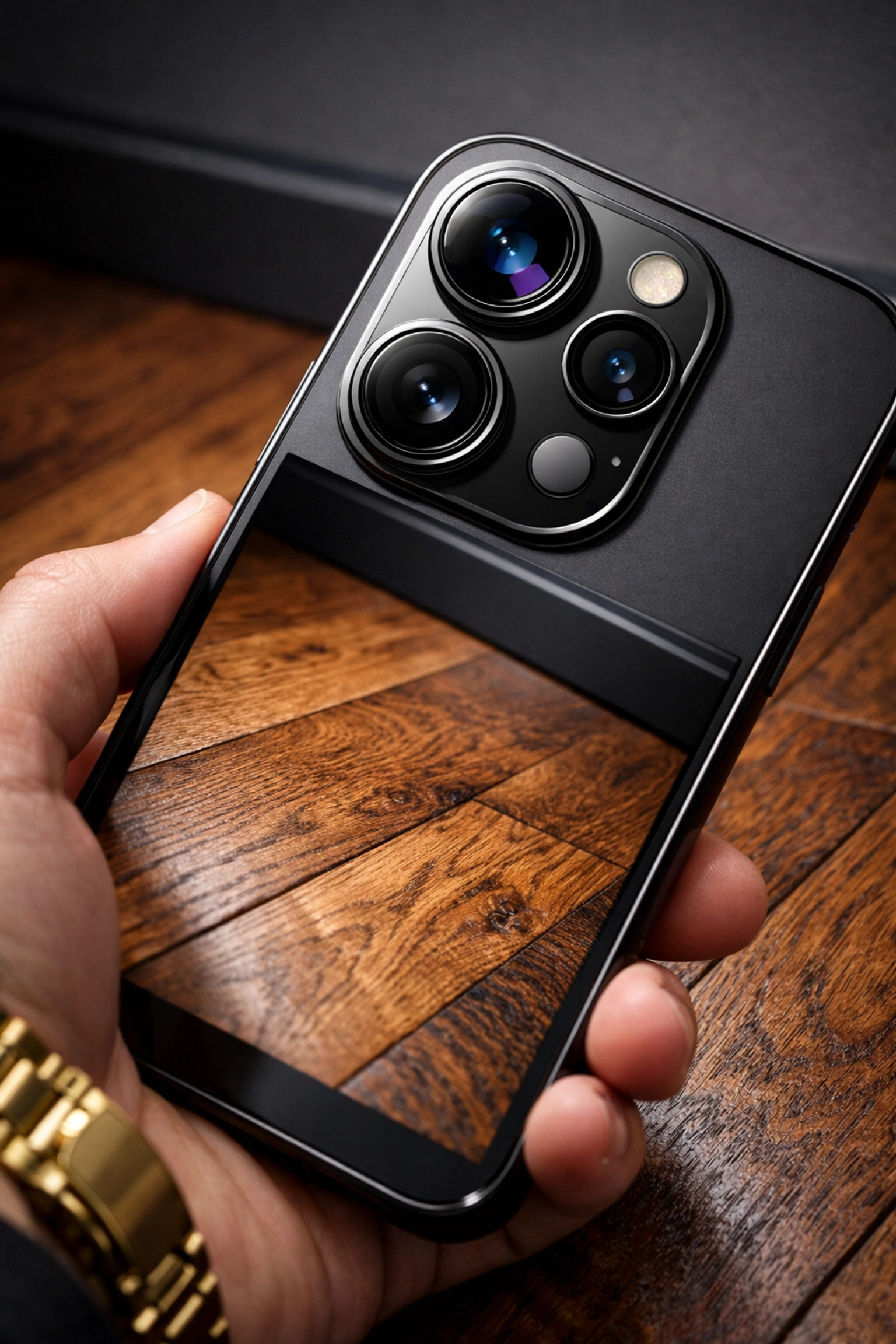 Smartphone capturing time-stamped floor damage photo for property check-in report documentation