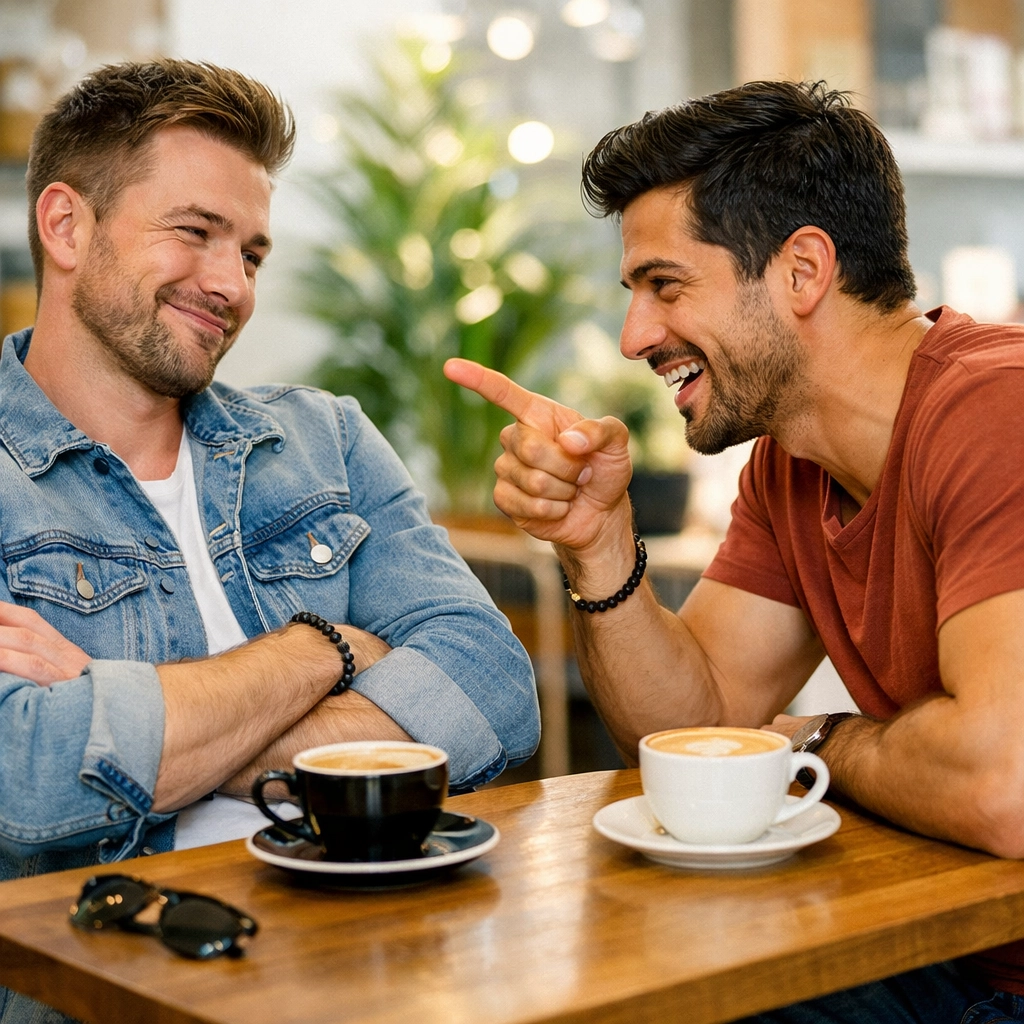 Two men sharing witty banter and competitive looks in a bright coffee shop setting.