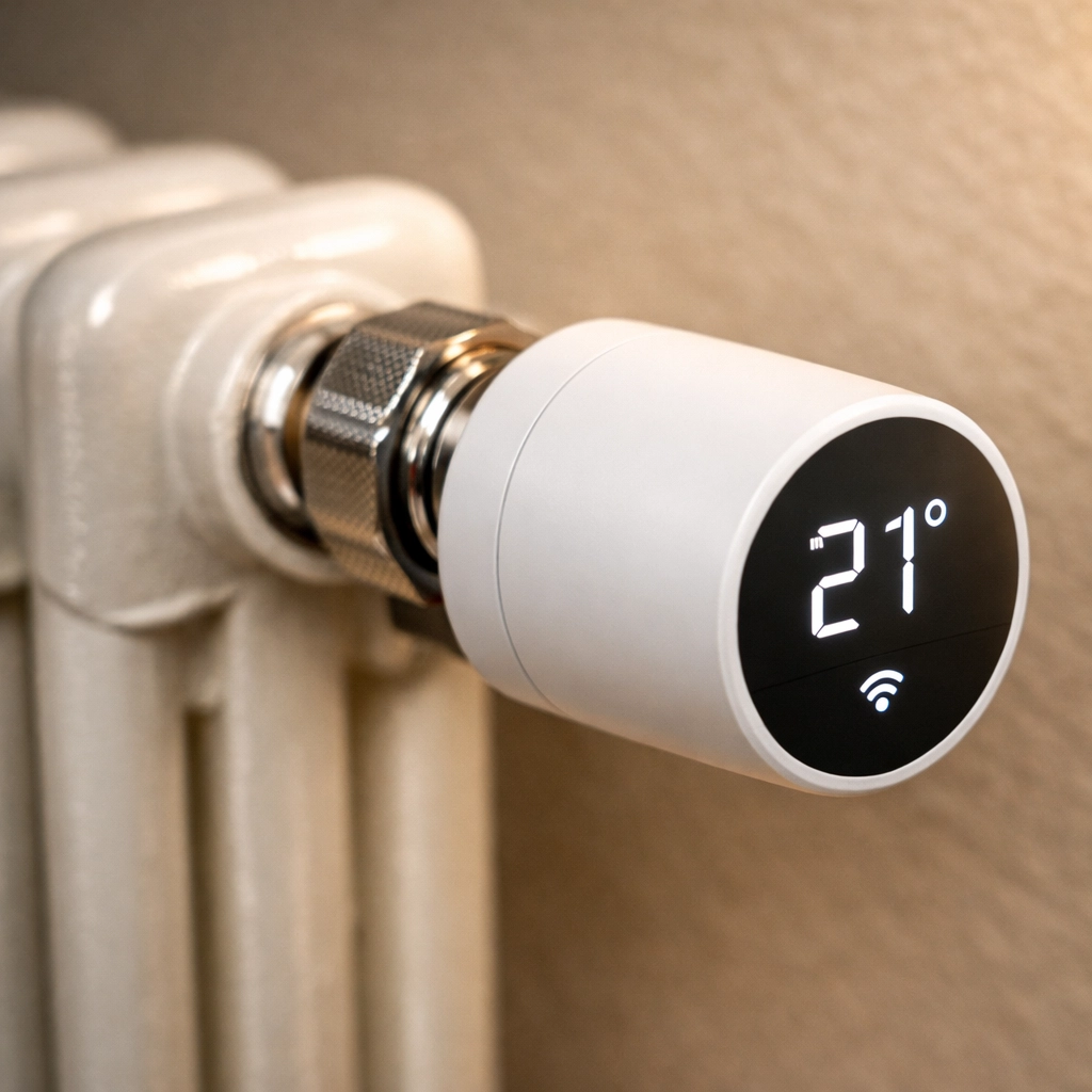 Smart thermostatic radiator valve (TRV) on a white radiator for precision heating control in a Northamptonshire home.