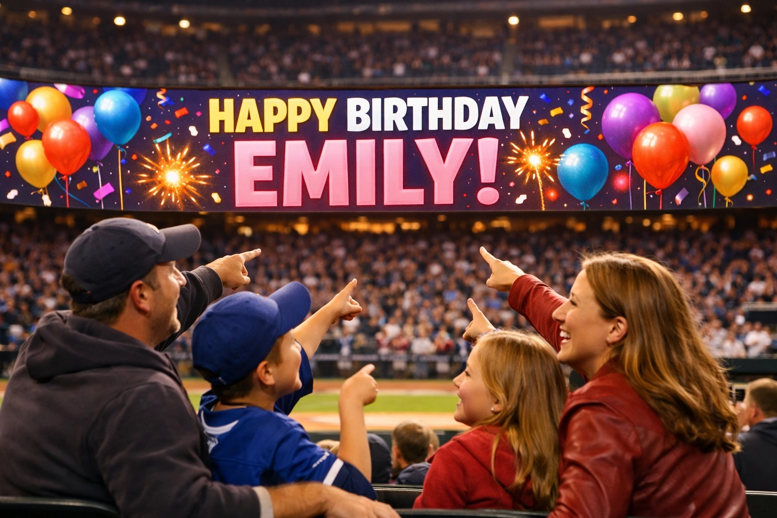 Family celebrating personalized birthday message displayed on stadium LED perimeter screen