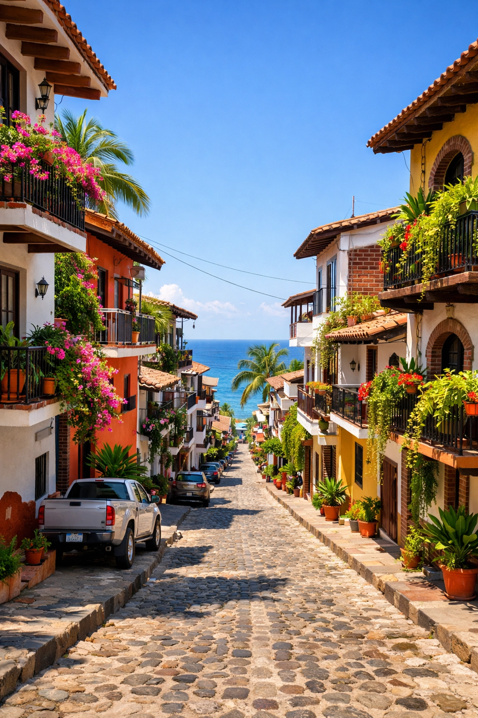 Scenic cobblestone street in Amapas Puerto Vallarta neighborhood with colorful buildings