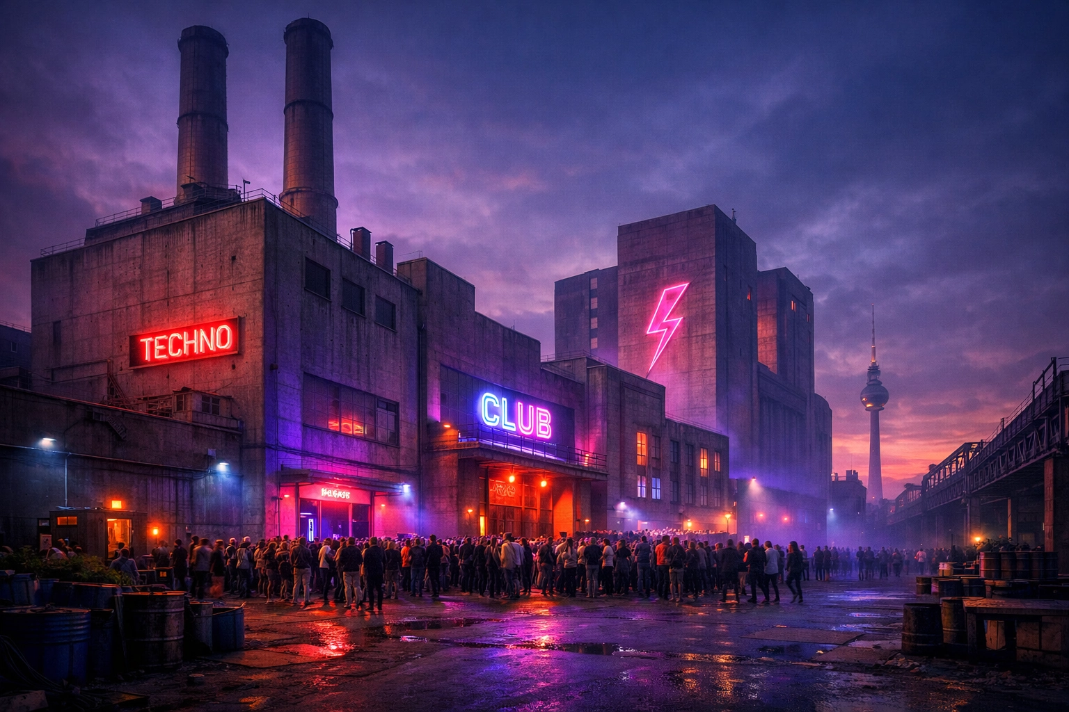 Berlin nightlife district with converted power plant buildings and neon lights at dusk