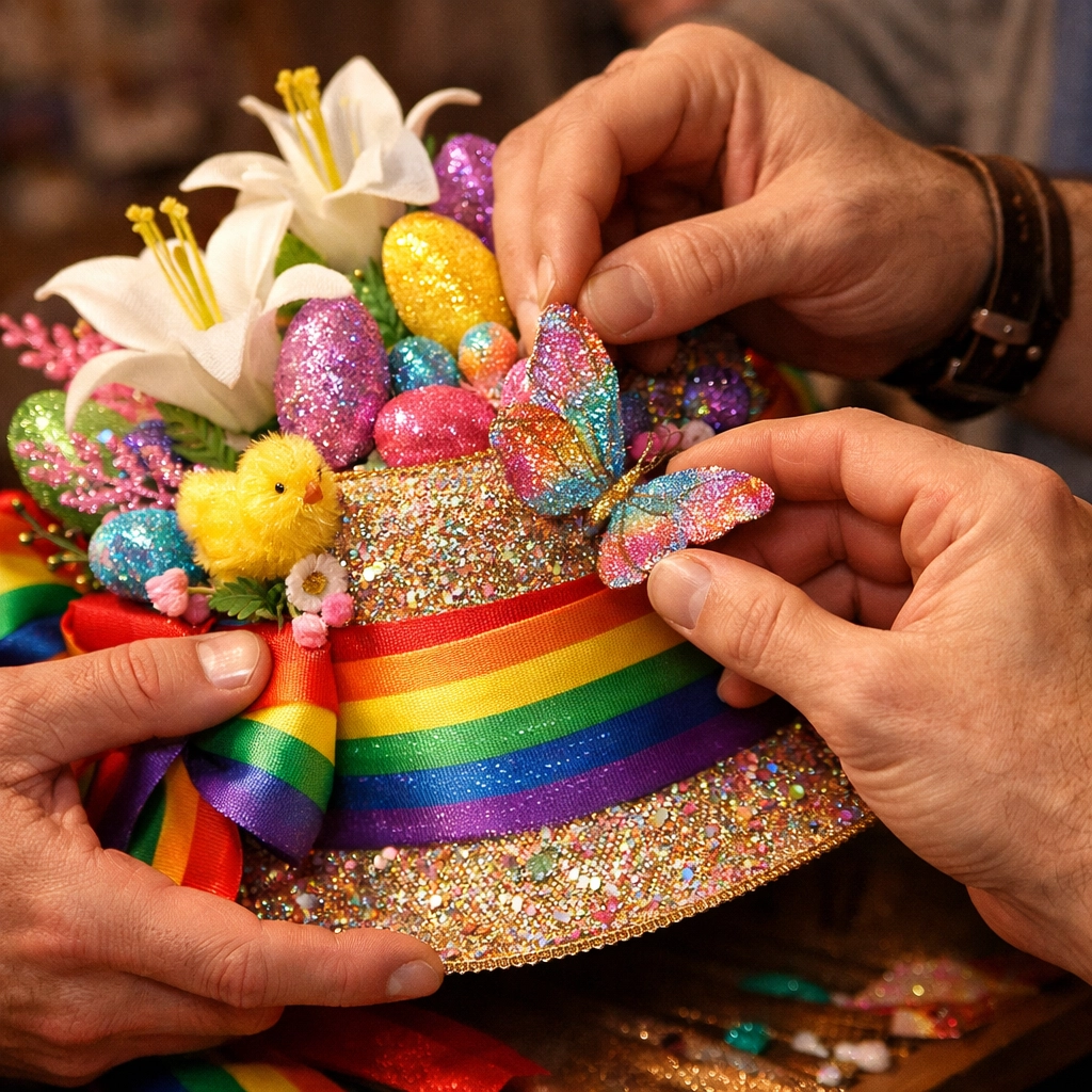 Close-up of two men decorating a flamboyant Easter bonnet with rainbow ribbons and silk flowers.