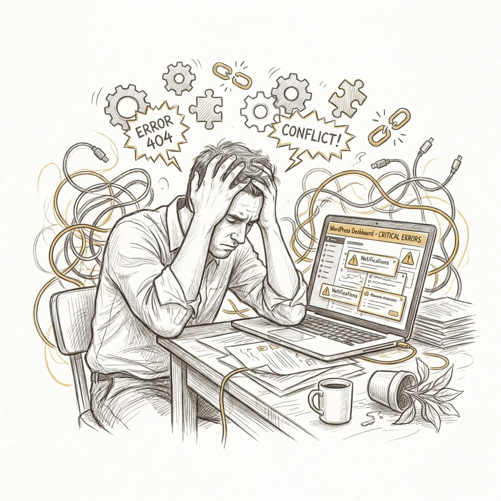 Frustrated small business owner struggles with overwhelming WordPress plugins and errors while trying to set up appointment booking.