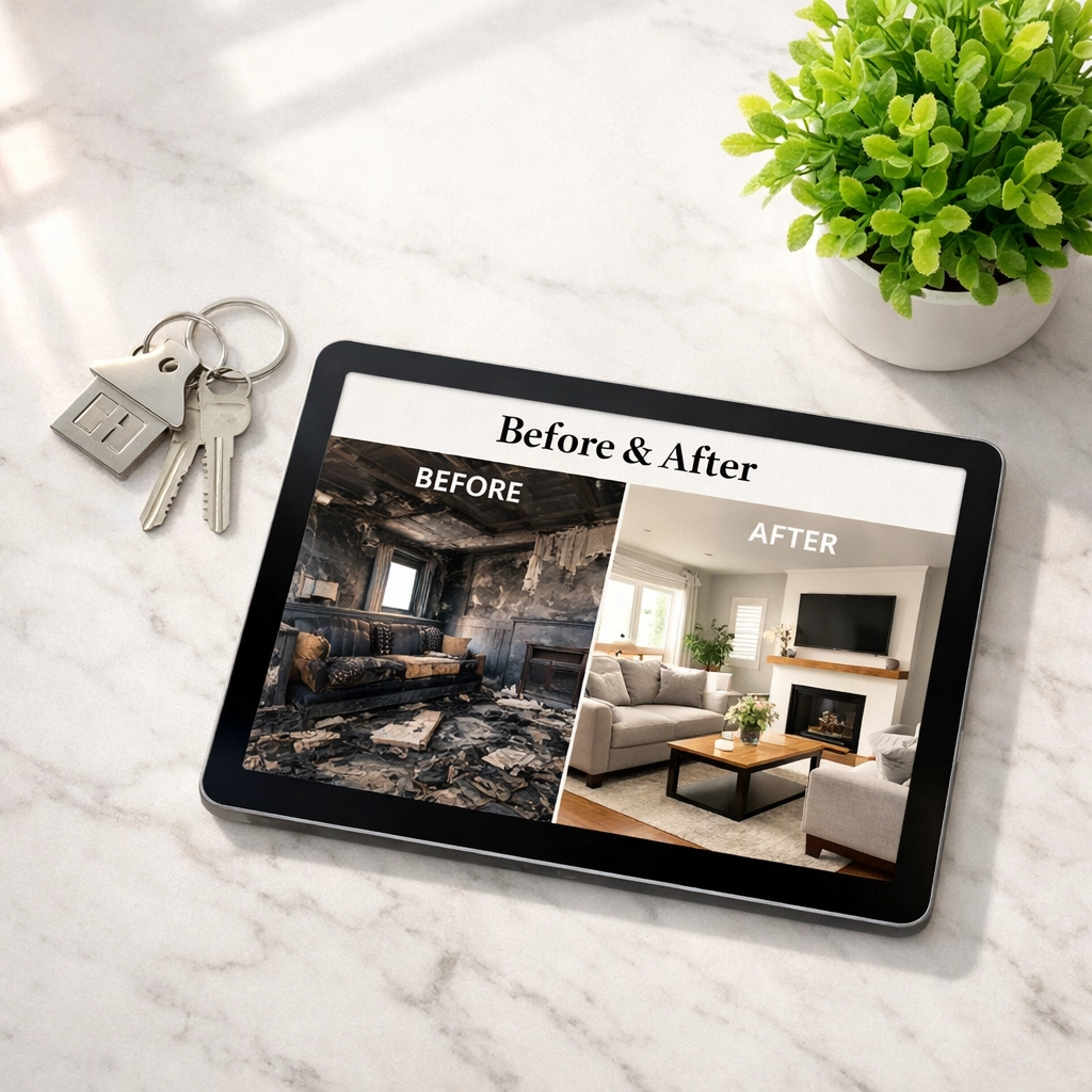 Completed fire damage restoration project showing before and after results on a digital tablet.