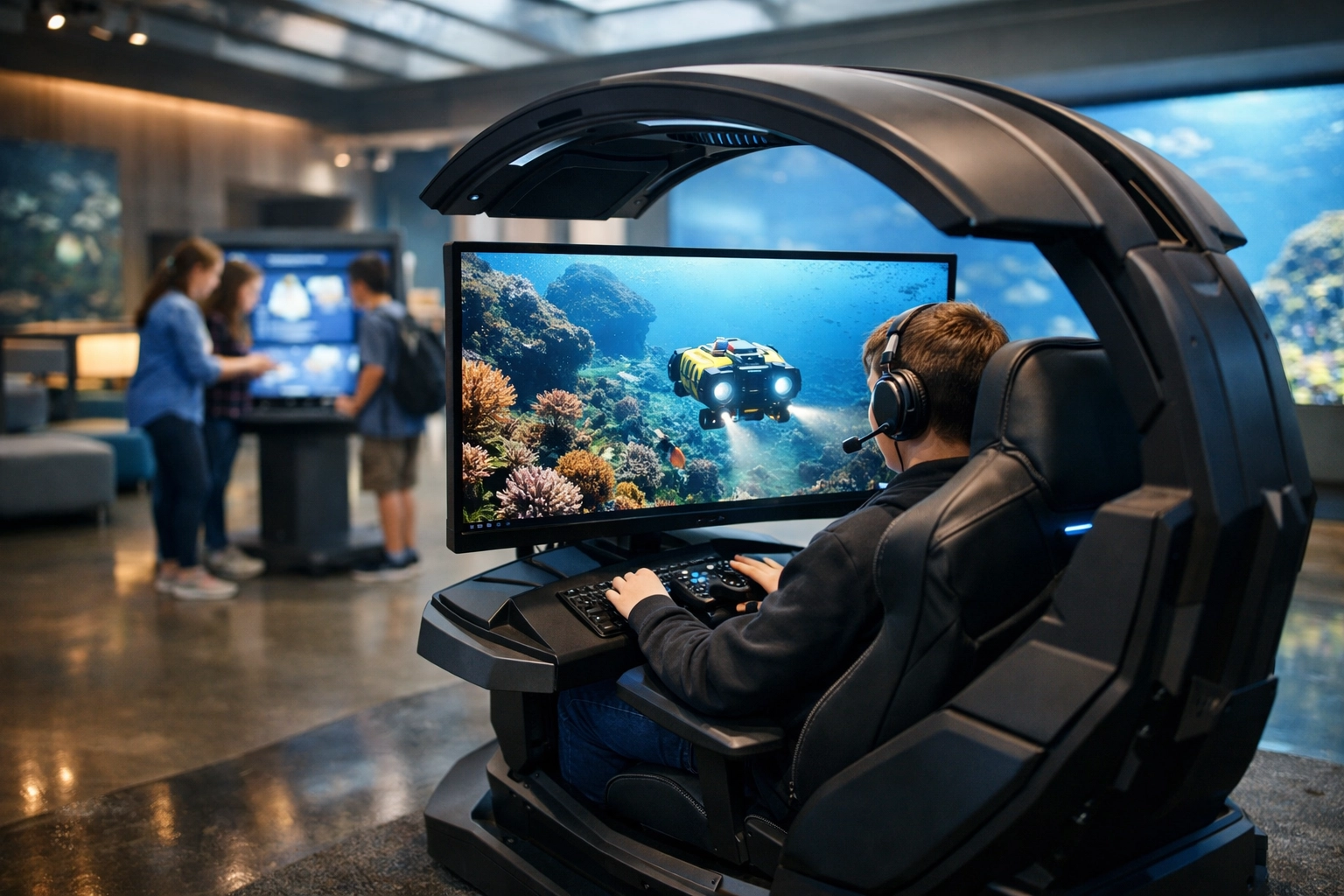 Student using an interactive esports gaming pod for immersive underwater education at a modern aquarium.
