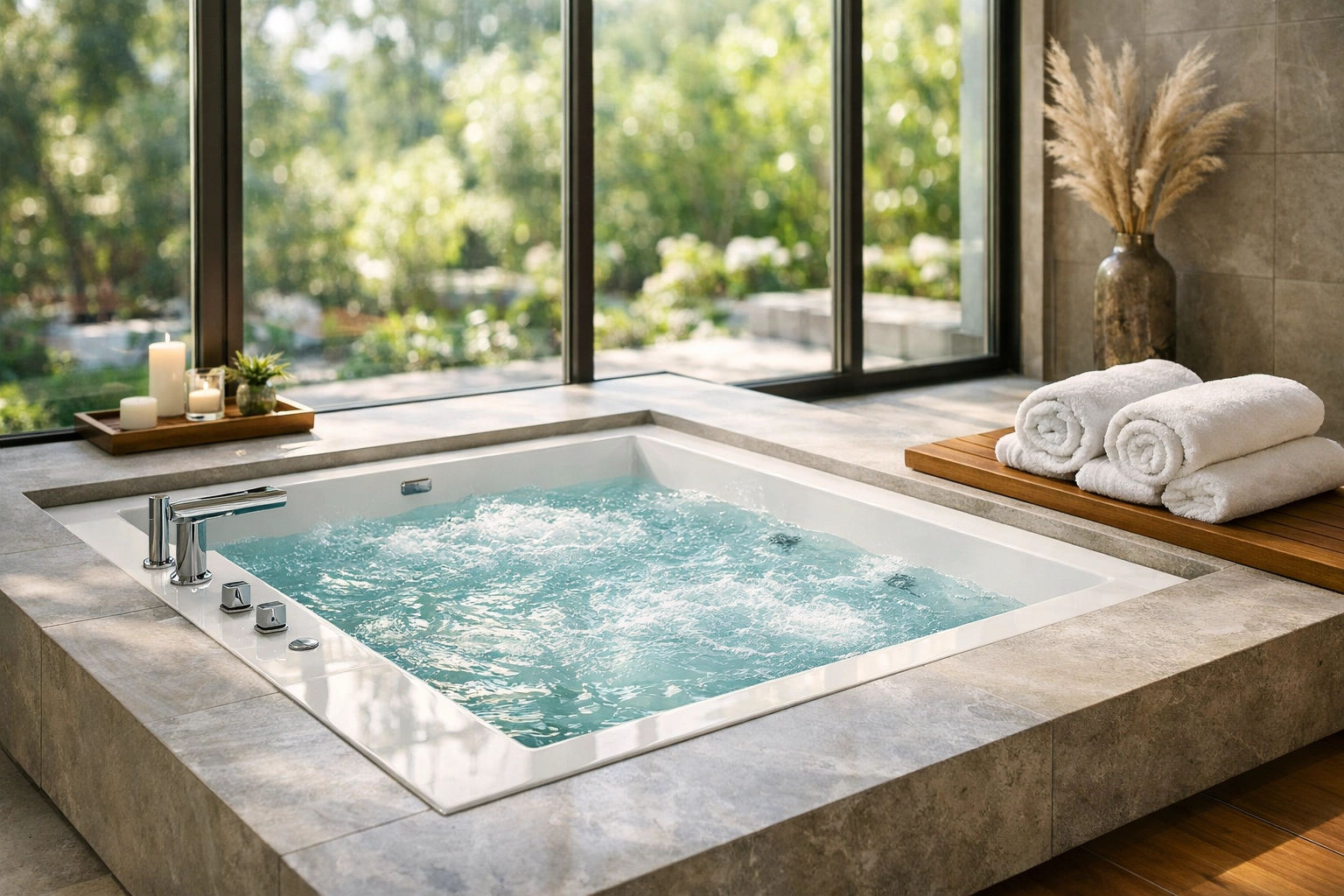 Modern whirlpool tub for two in a luxury spa bathroom with natural light and stone finishes.