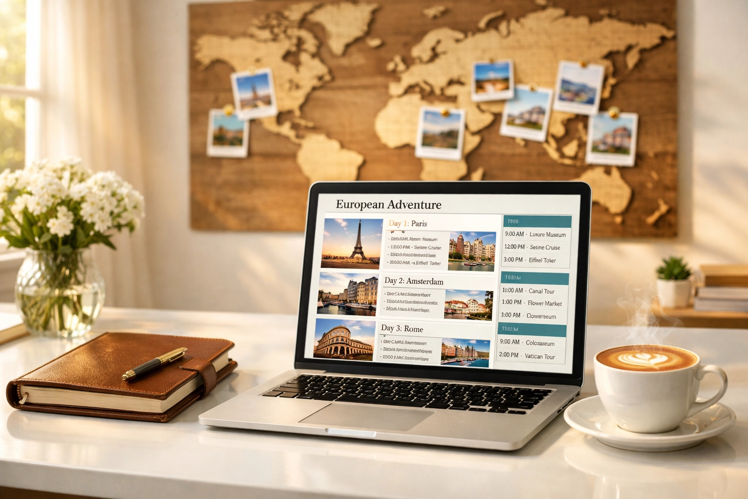 Organized travel advisor home office with a laptop, planner, and world map for planning dream vacations.