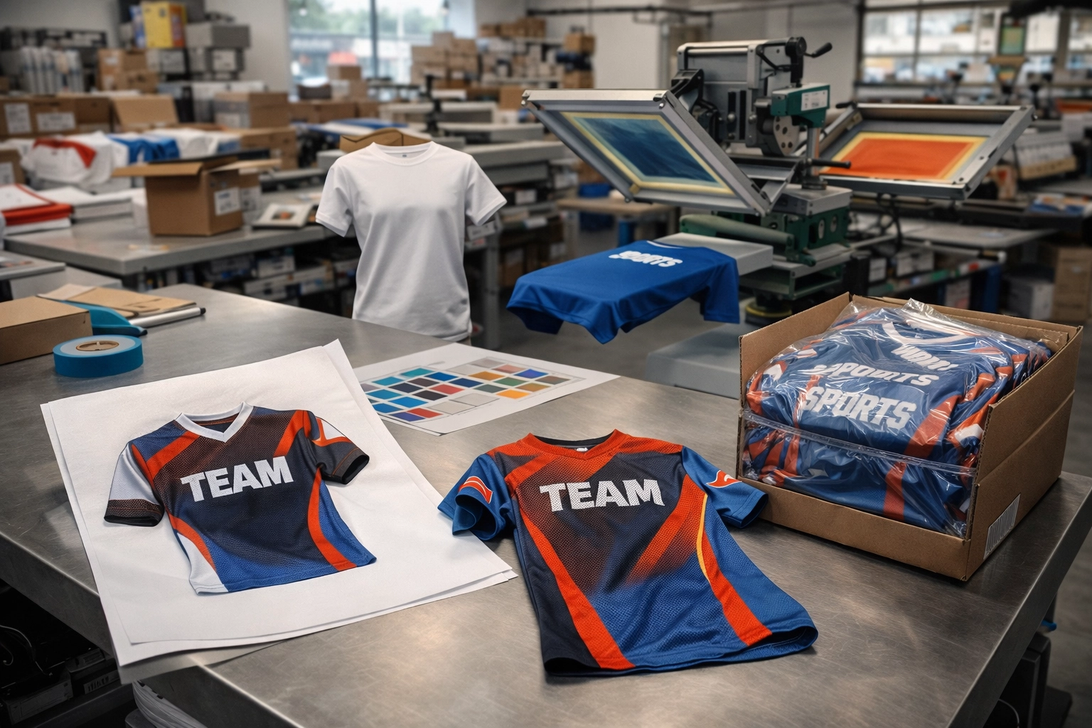 Custom team apparel production timeline showing jerseys at different stages