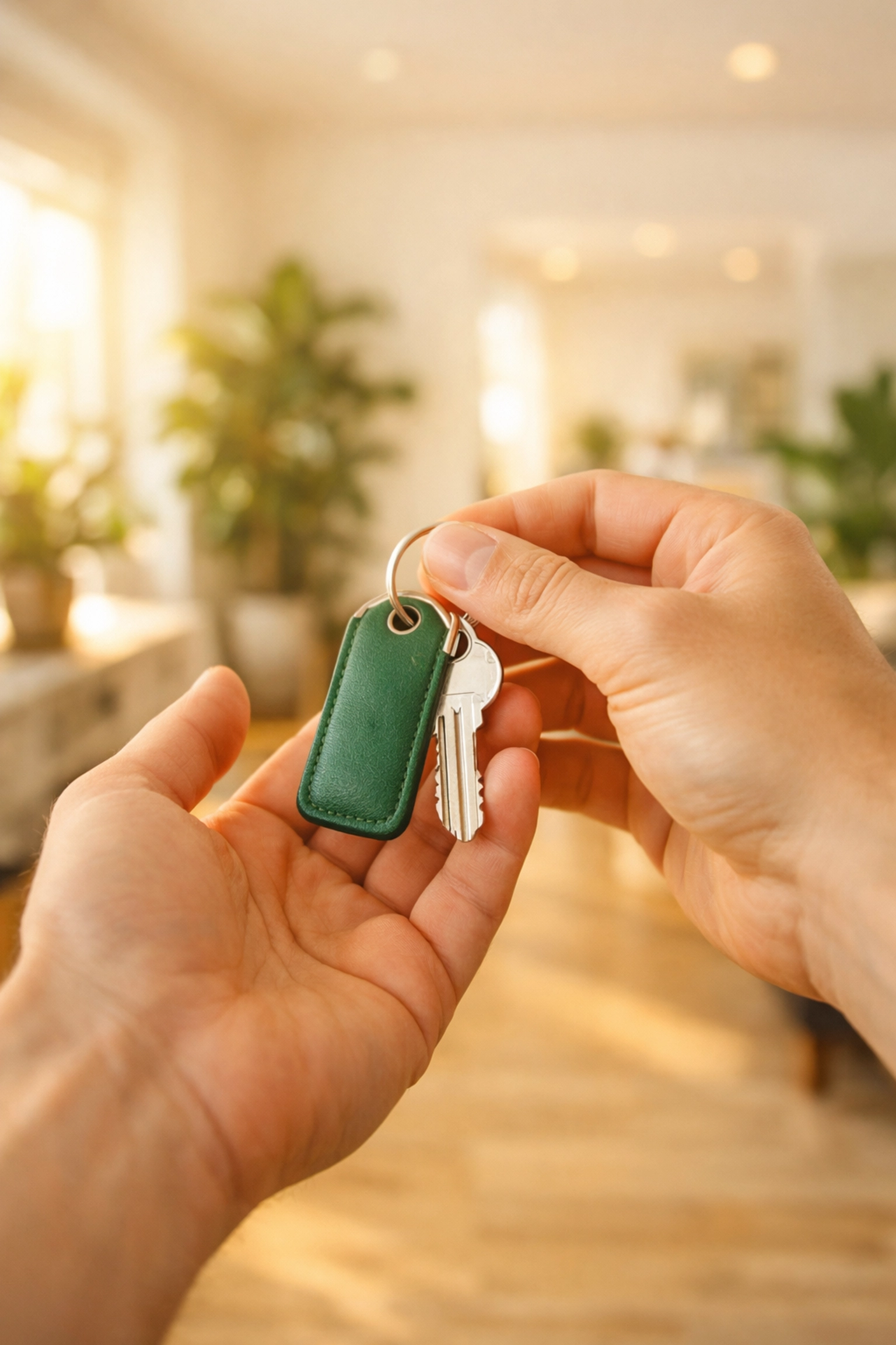 Hands holding house keys in a bright home, representing a successful closing on a Tennessee DSCR loan.