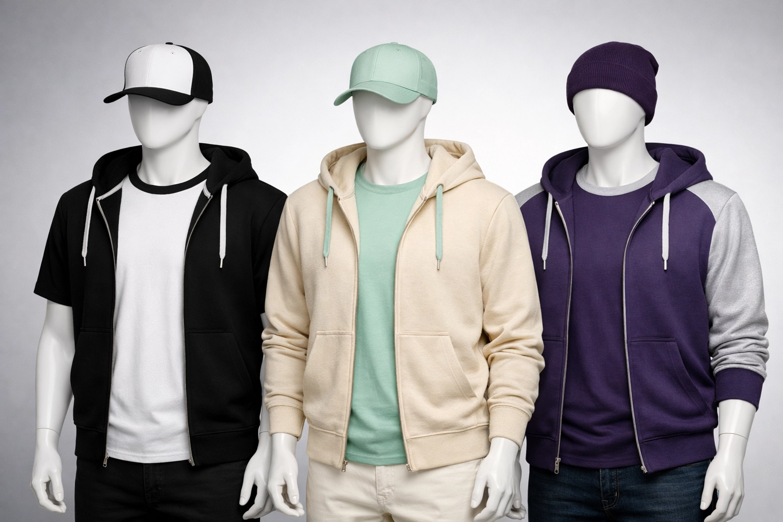 Custom apparel showcasing strategic color combinations on display mannequins