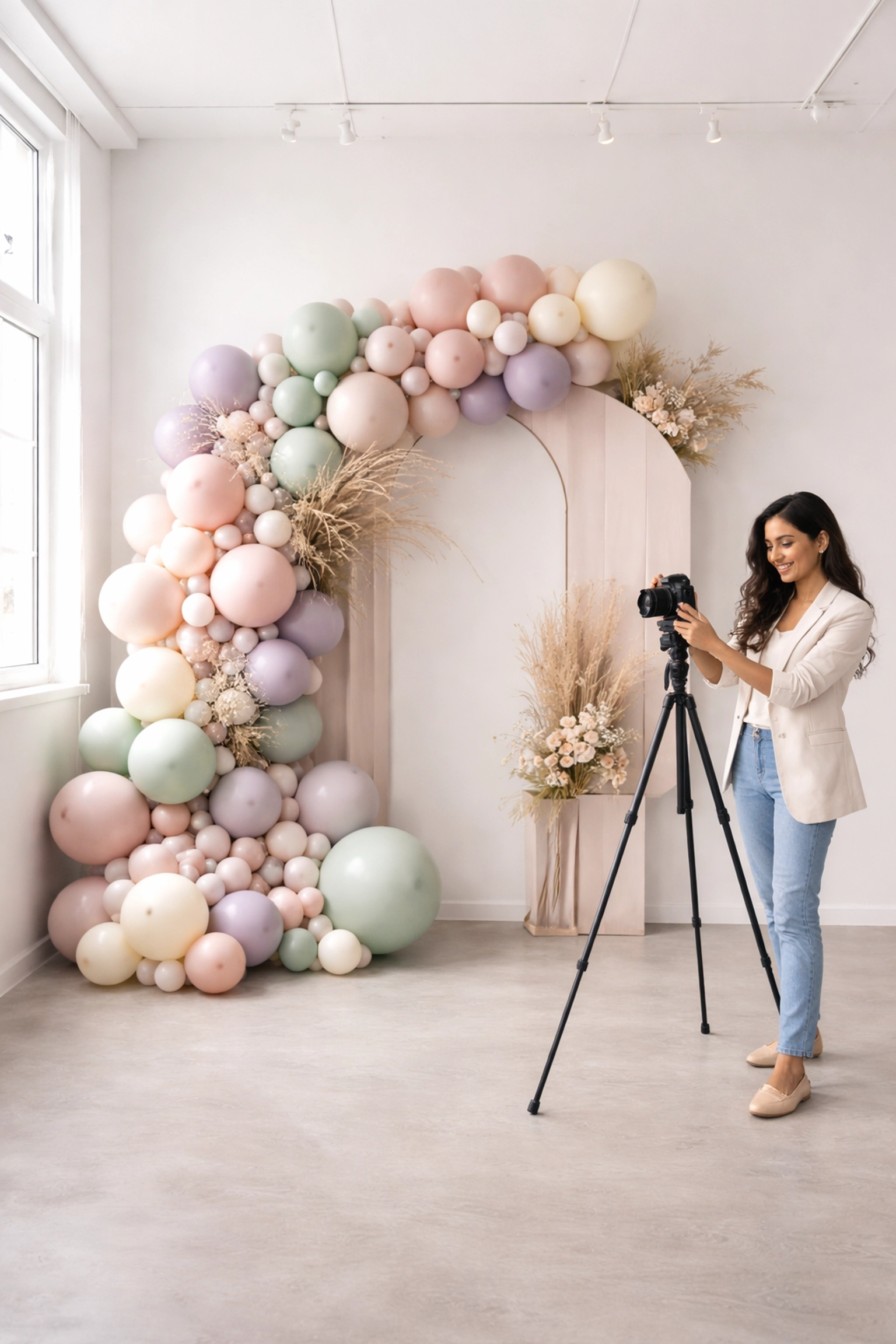 Indian female photographer prepping camera in bright Virginia micro event studio with pastel balloon garland