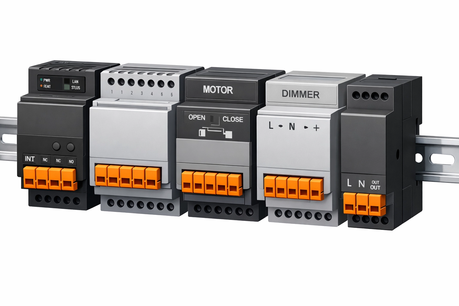 Detailansicht professionell installierter Smart Home Aktoren auf einer Hutschiene im Schaltschrank.