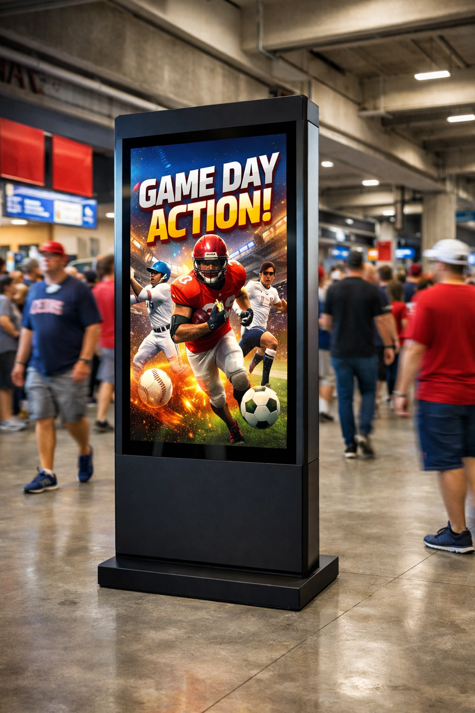 High-tech digital advertising kiosk in a stadium concourse for targeted audience engagement.
