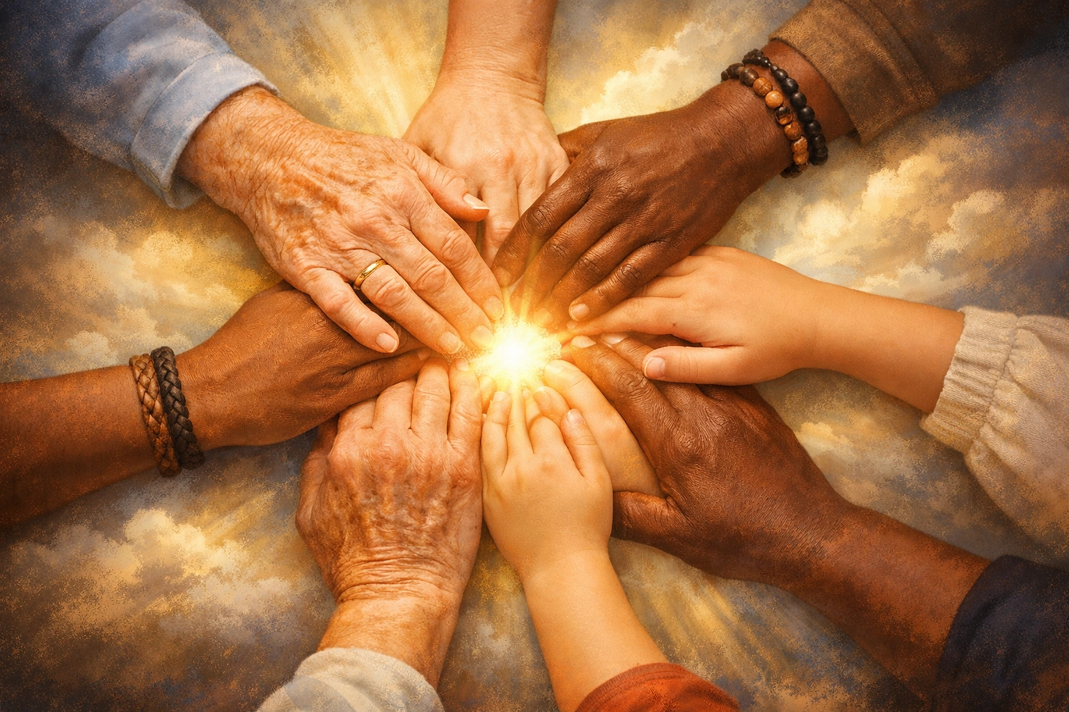 Diverse hands joined in prayer circle symbolizing faith response to challenging news