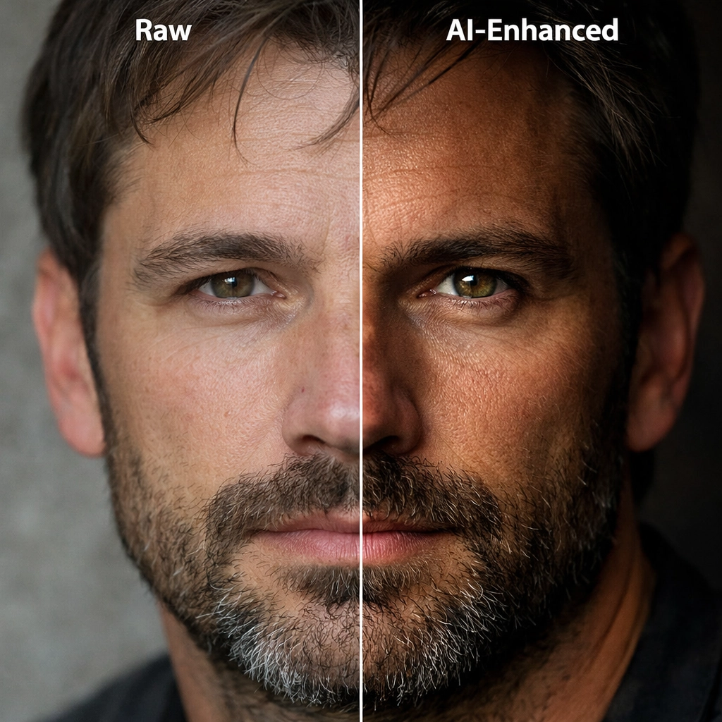 Portrait photography techniques side-by-side showing raw and AI photo editing enhanced results with natural skin texture.