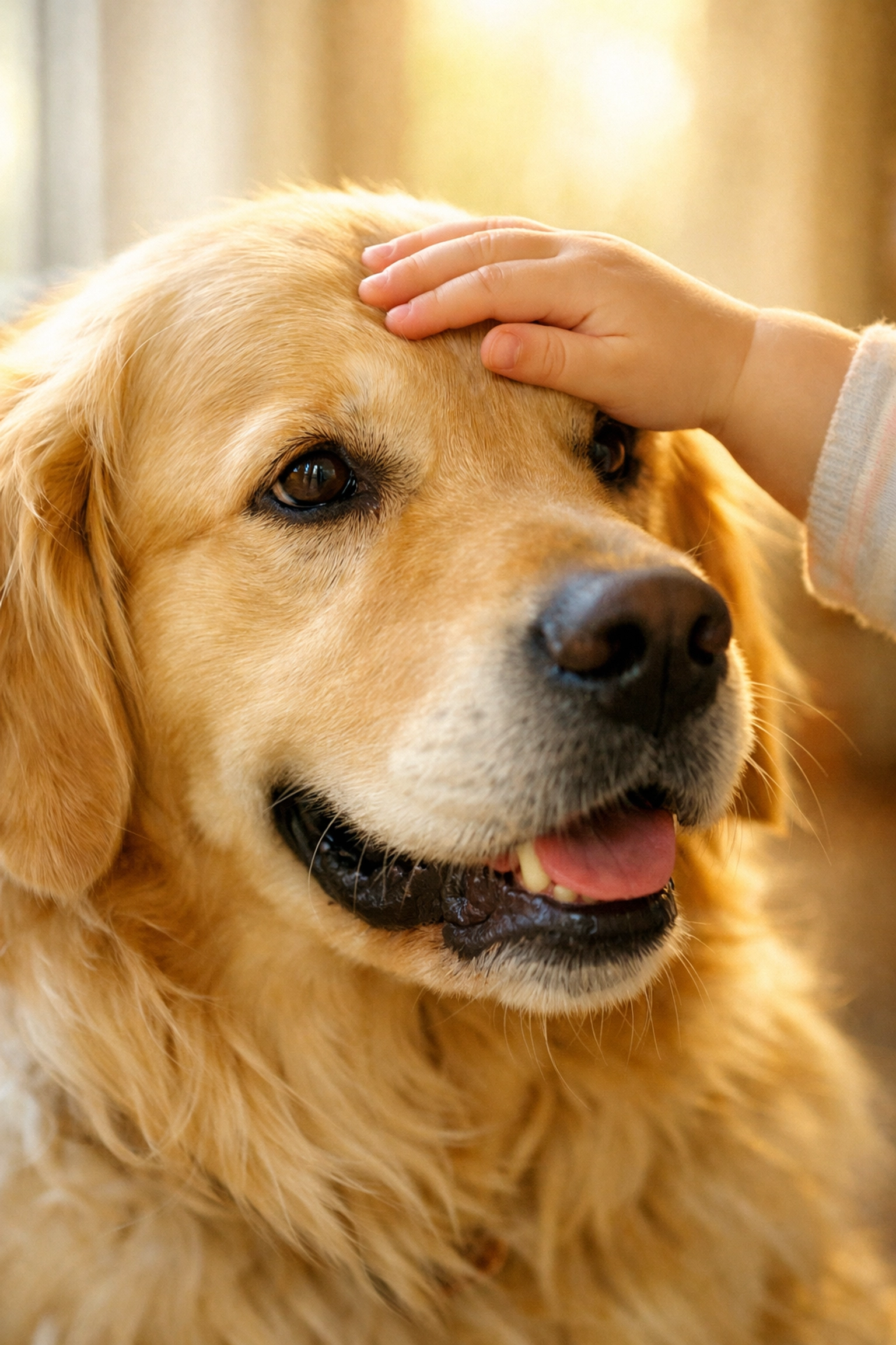 Child petting Golden Retriever showing emotional support and bonding connection
