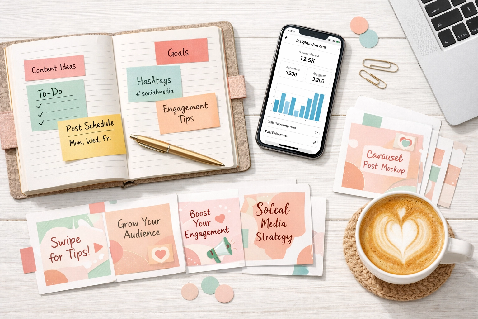 Social media planning workspace with Instagram analytics and carousel content mockups