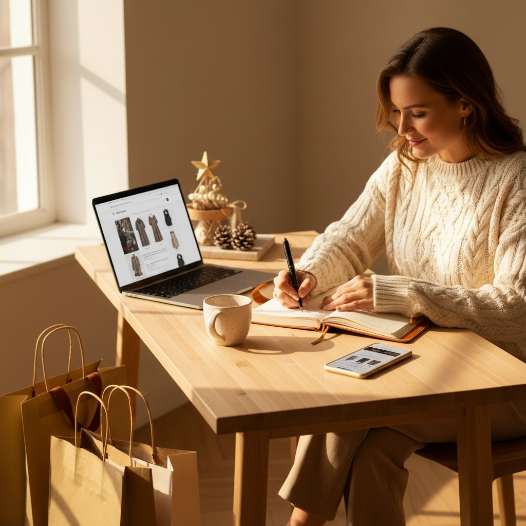 A picture of a smiling woman sitting at a wooden desk, drinking coffee and writing in a notebook while ordering goods both online and on her phone, both of which are in front of her. shopping bags sit on the floor in front of her desk. The Ultimate Guide to Safe & Fun Holiday Shopping