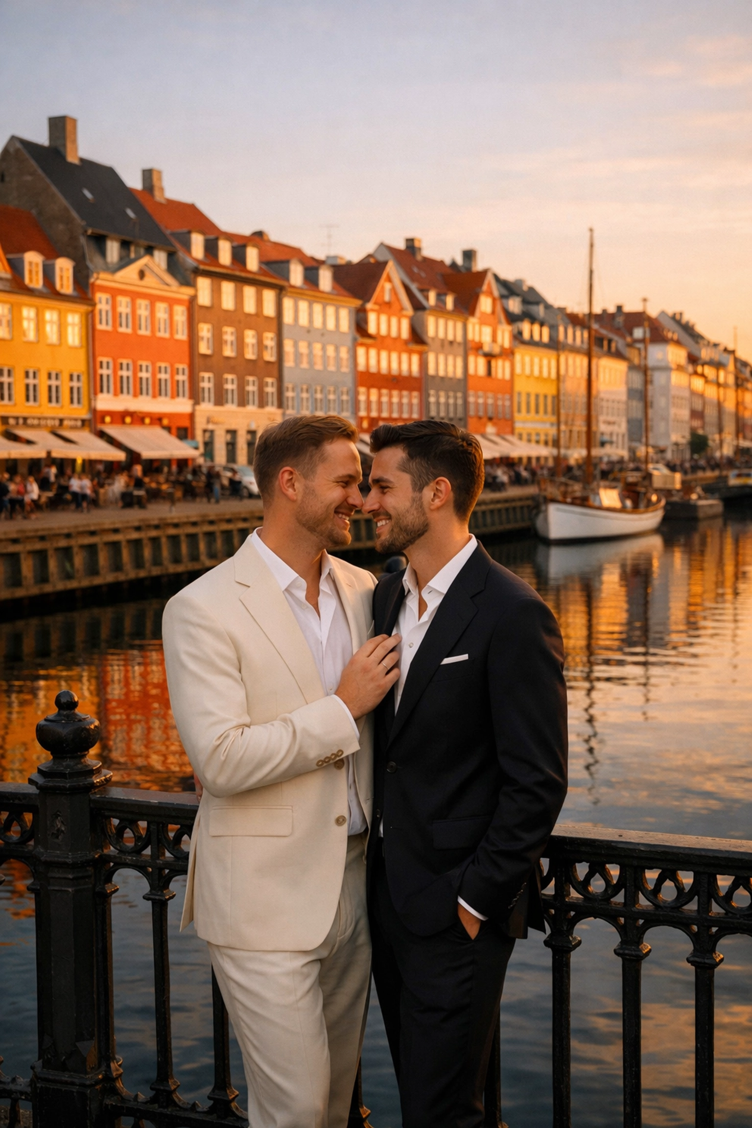 Two grooms at Copenhagen canal bridge with colorful Nyhavn buildings at sunset