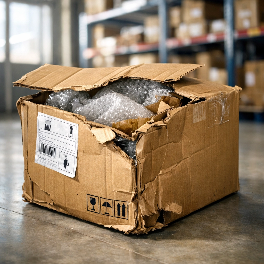 Damaged shipping parcel in warehouse showing risks without proper insurance coverage