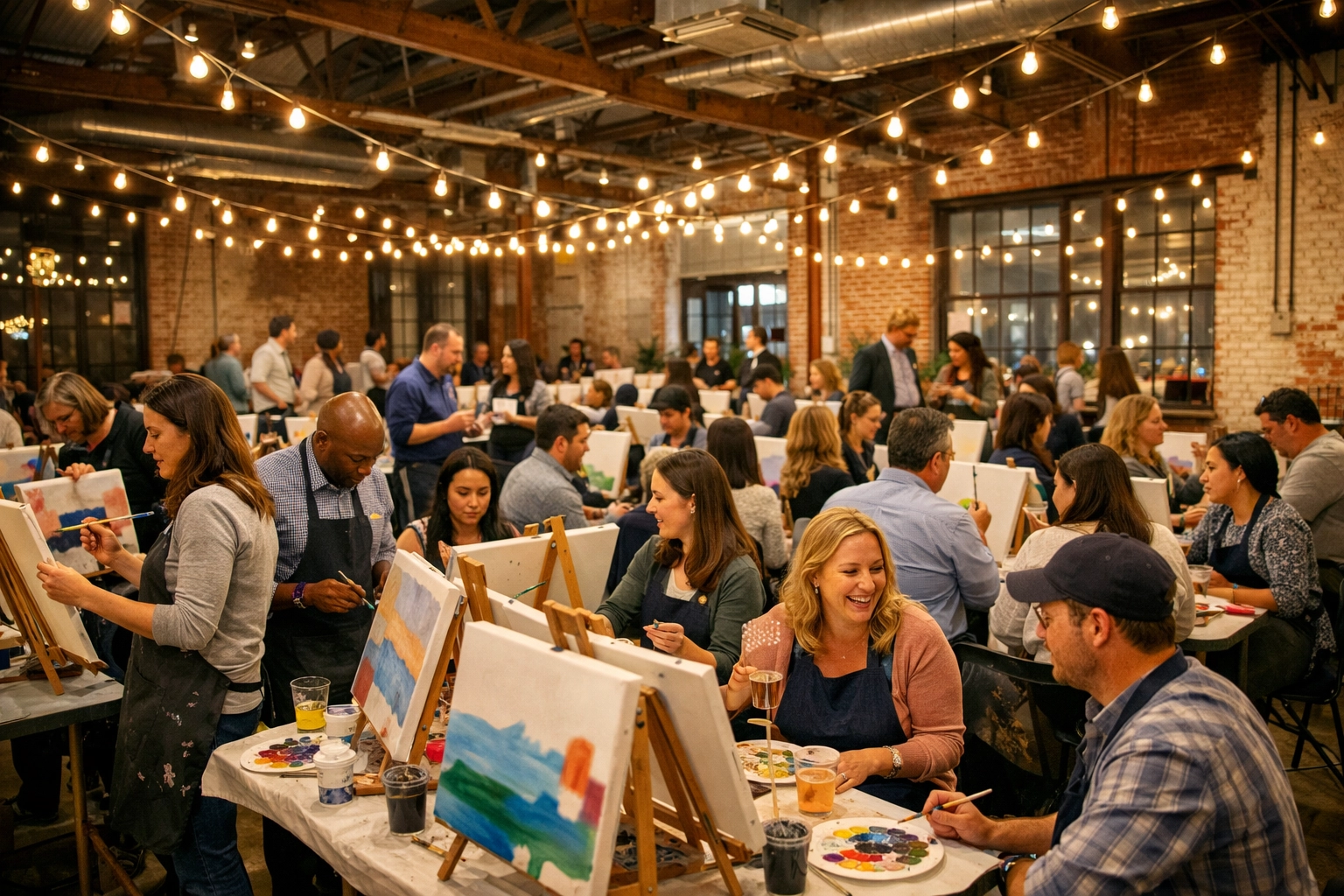 Large group of employees participating in a creative painting workshop at a DMV corporate event.