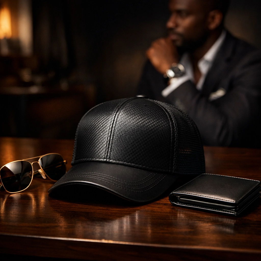 Premium Black-owned fashion accessories including a stylish trucker hat and gold sunglasses to Buyblack.