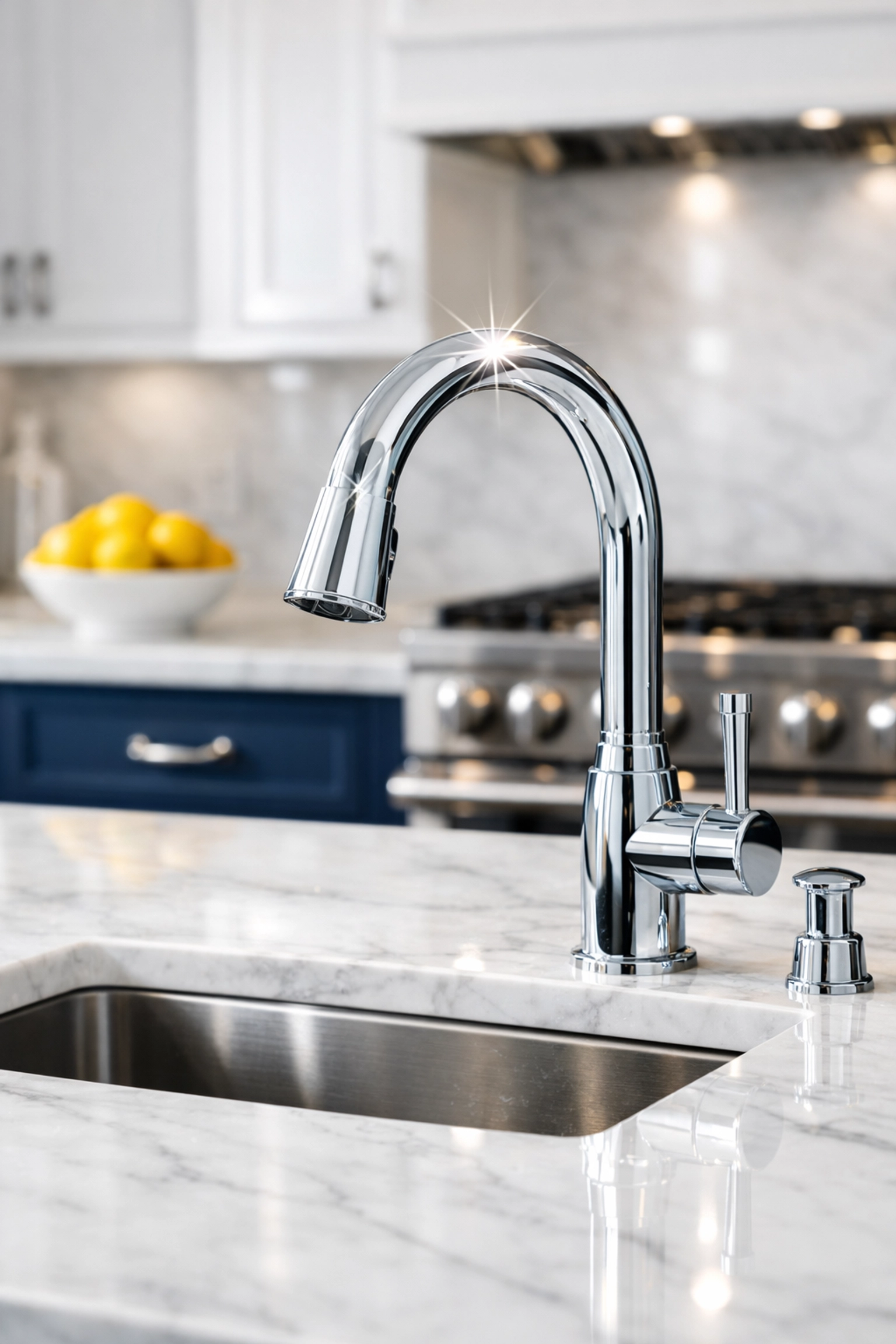 A sparkling luxury kitchen with marble countertops after a thorough deep cleaning service in Westford.