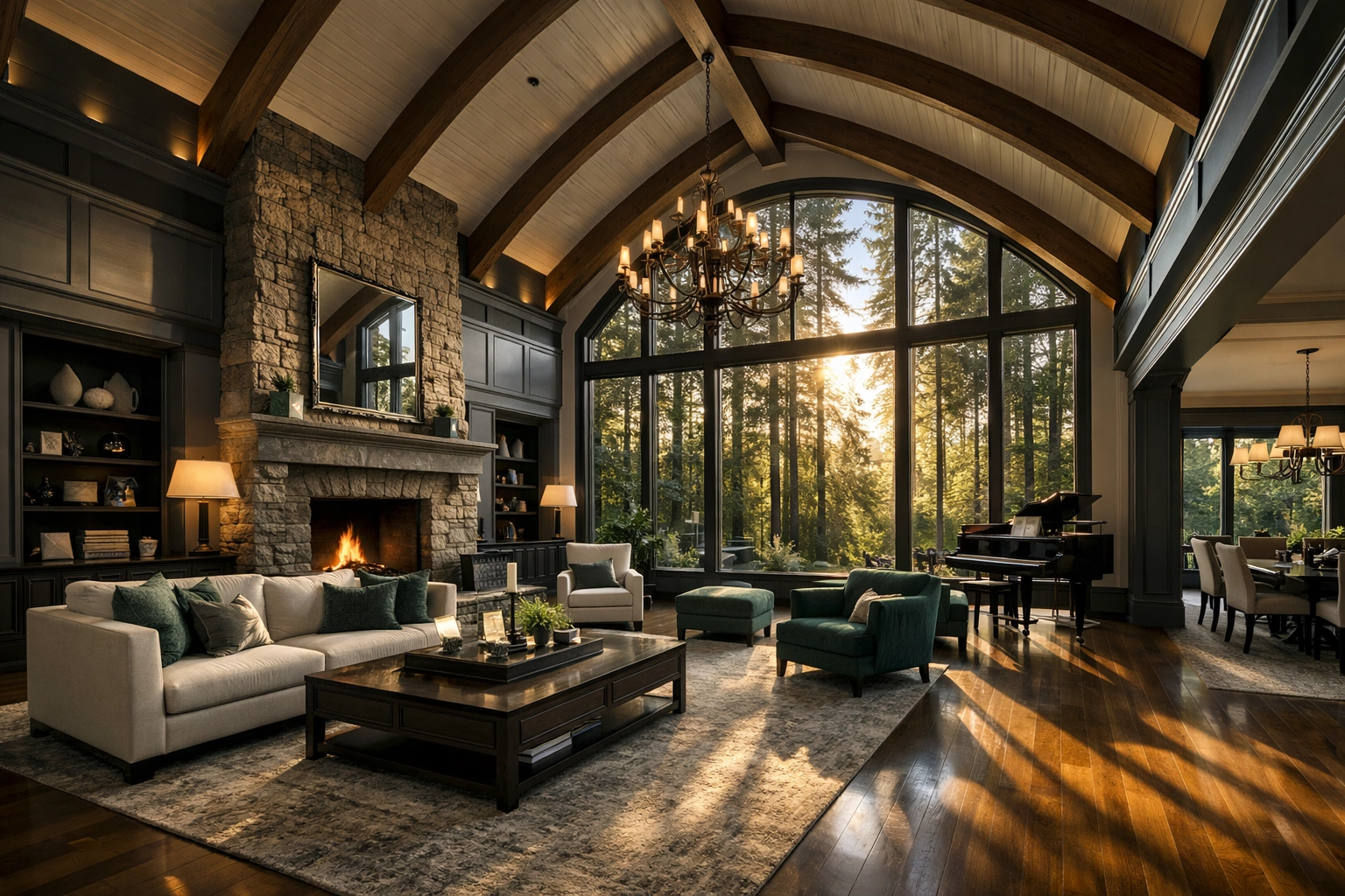Spacious interior of a grand Bellevue estate with vaulted ceilings and views of PNW evergreens.