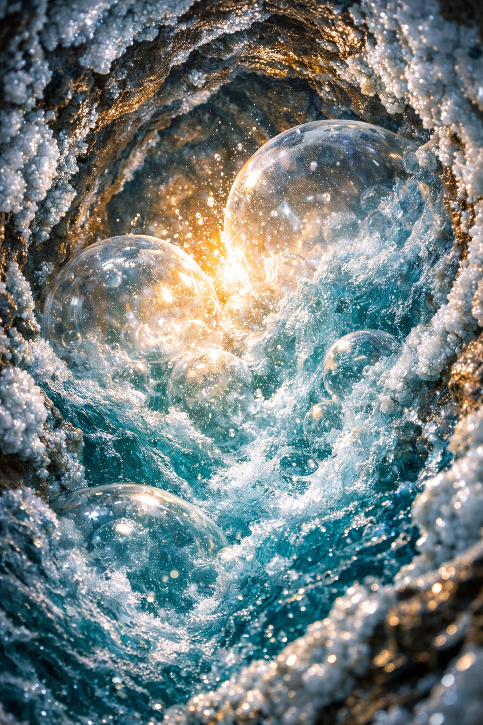 Internal view of geyser plumbing with steam pressure building against silica-coated rock walls.