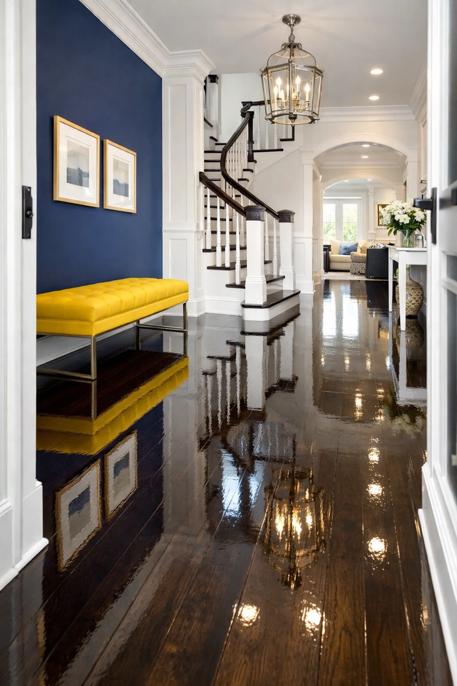 Gleaming polished hardwood floors in a luxury North Reading home entryway after professional cleaning.