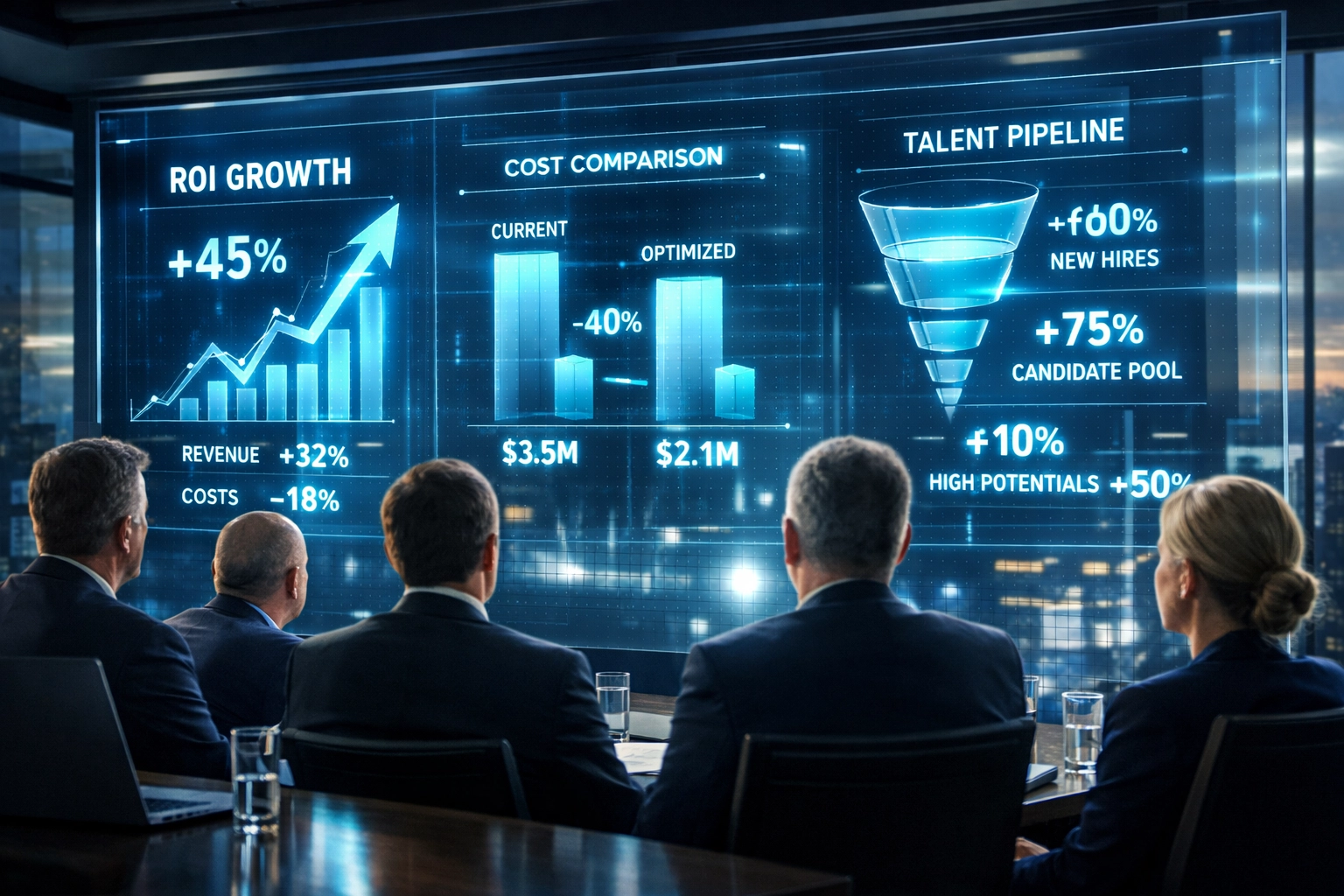 Corporate executives reviewing talent pipeline ROI metrics and workforce development data