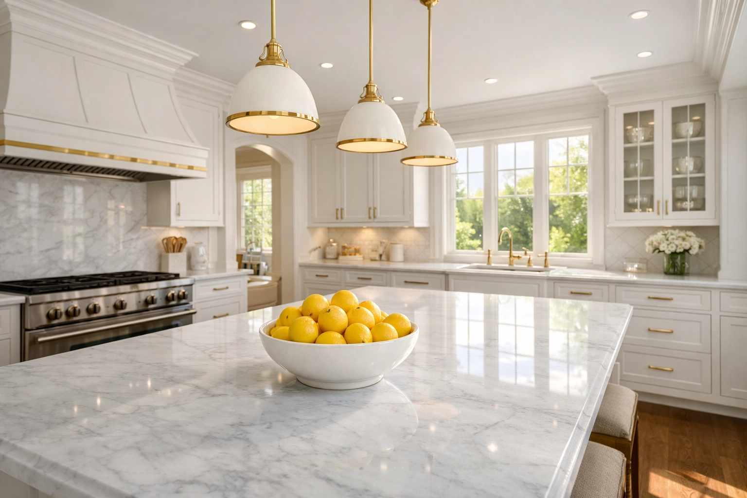 Pristine luxury kitchen in Newton MA with marble countertops after a professional cleaning service.