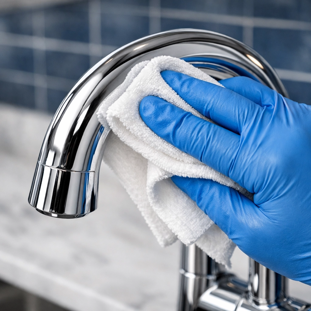 Professional house cleaning expert sanitizing a kitchen faucet with precision during deep cleaning services.