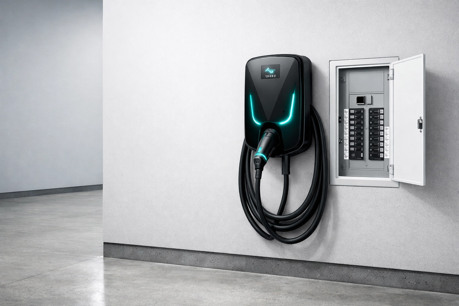 Modern EV charger installation and electrical panel upgrade in a clean home garage.