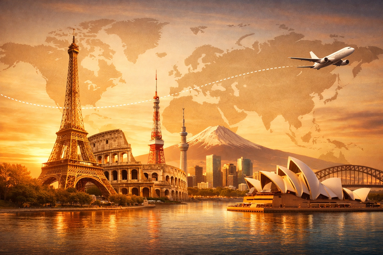 [HERO] Global travel inspiration collage with world map and landmarks