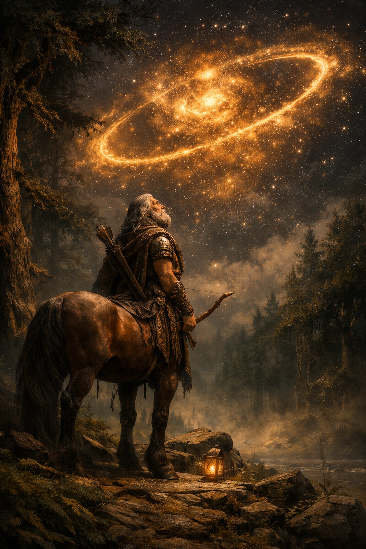 A noble centaur observing a celestial golden orbit, representing the Chiron wounded healer archetype.
