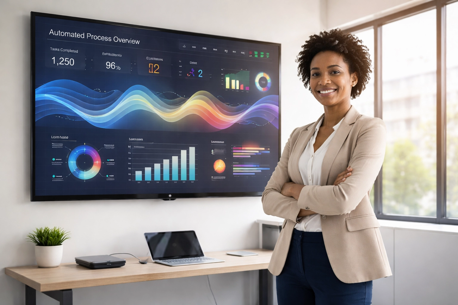 An IT professional stands by a data dashboard, representing operational excellence and real-time monitoring with autonomous AI in ServiceNow environments.