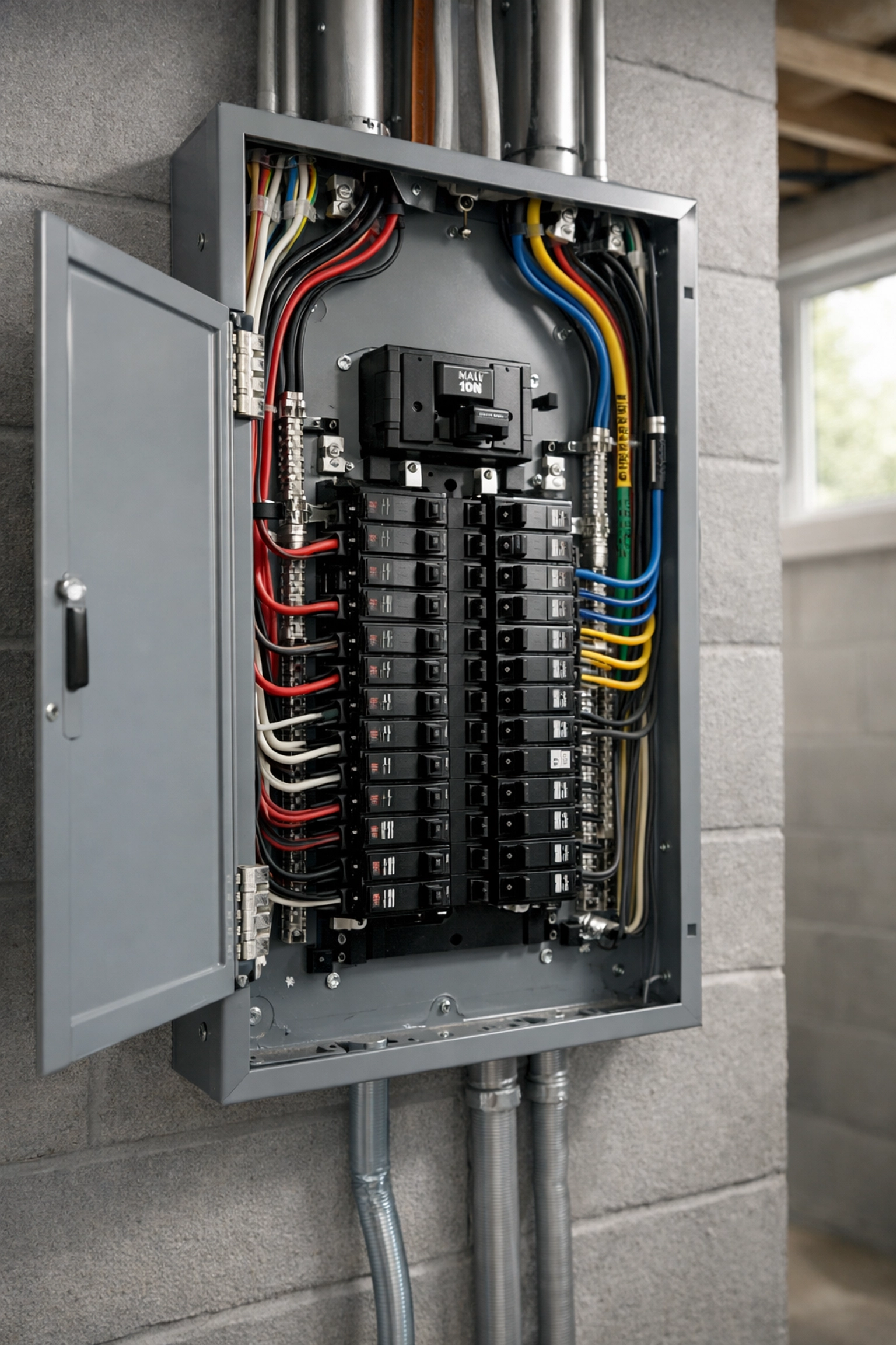 Modern electrical panel with organized circuit breakers ready for heat pump installation