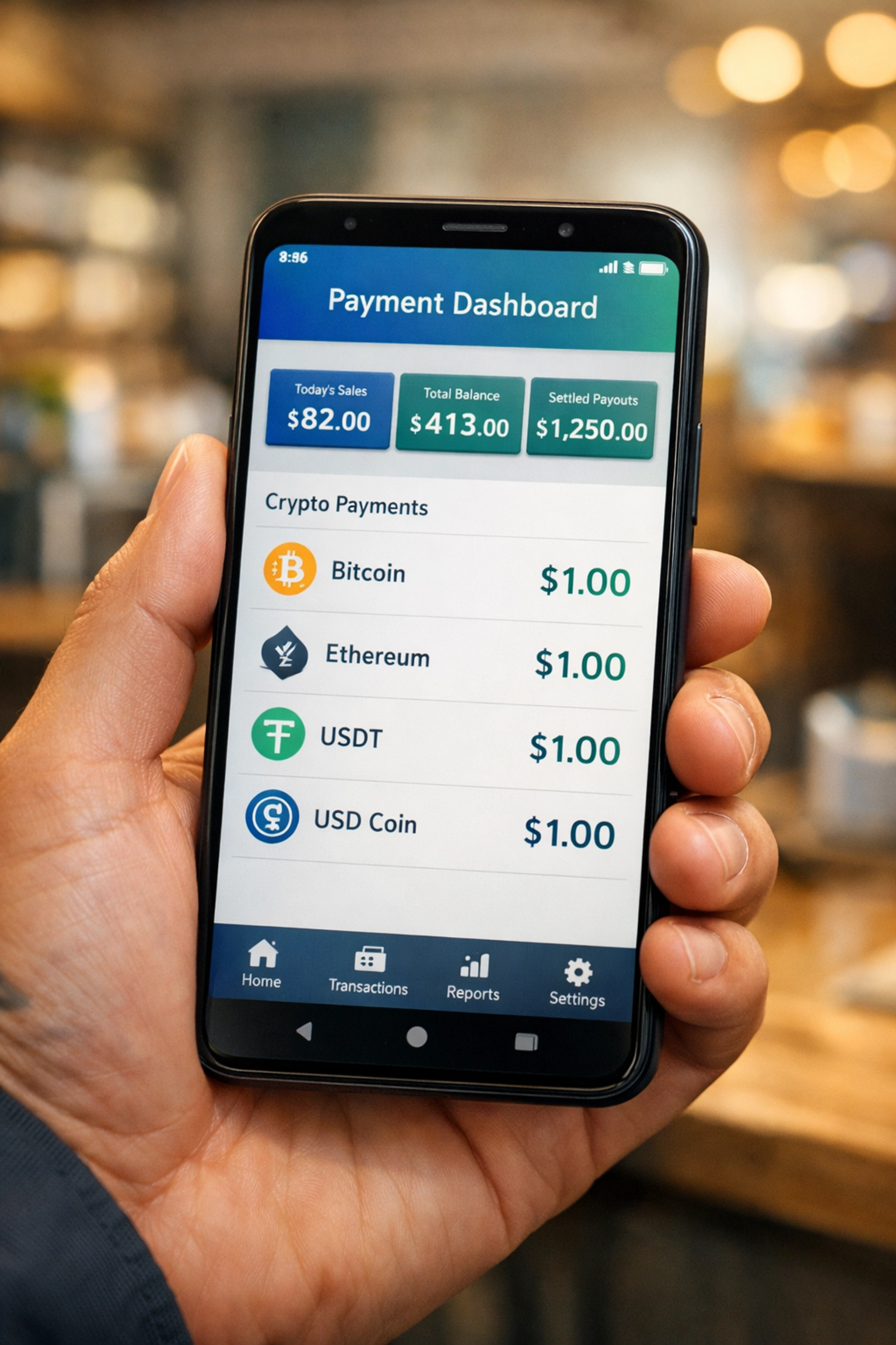 Merchant crypto POS dashboard showing stable LUSD stablecoin payment values