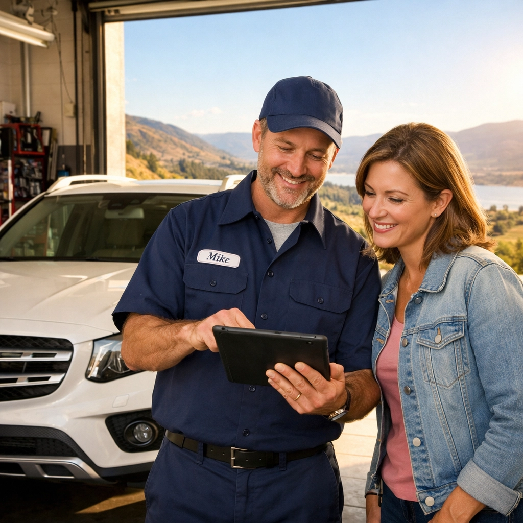 L Stop Auto mechanic providing expert advice to a Mercedes owner with the Vernon landscape in the background.